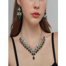 Alya's Aksesuar Yeşil Taşlı Gümüş Kaplama Şık Düğün Takı Seti