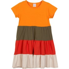 Lovetti Kadmium Sarı-Taş Kat Kat Renkli Kız Çocuk Kısa Kollu Elbise