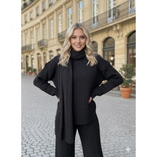 Anbly Collection Şal Atkı Detaylı Saç Örgü Desenli Pantolon Kazakikili Takım