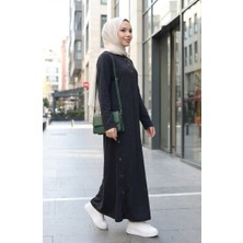 Örme Kumaş Kışlık Düğme Detaylı Tesettür Elbise 2183-04 Siyah