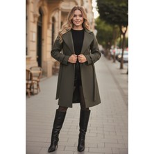 1Tarz Kaşe Kadın Şık Tasarım Yaka Kaban ve Kemer