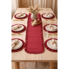 YUNUSOĞLU HOME Bordo Fırfırlı Runner ve Amerikan Servis Seti – 7 Parça Şık Masa Örtüsü Takımı 120X40 cm