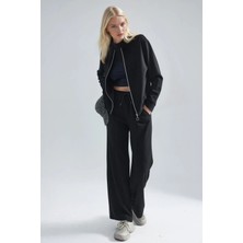 Hiccup Kadınlar Modal Dokulu Fermuarlı Sweatshirt & Nervürlü Pantolon Takımı Berşan Collection  Siyah