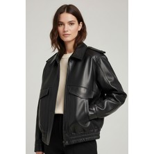 Deriderim Mira Siyah Hakiki Deri Bomber Kadın Mont