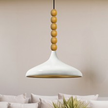 Bamyum Beyaz Ahşap Altı Boncuklu Tekli Avize Sarkıt Salon Mutfak Butik Lamba