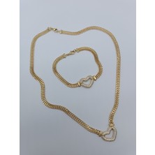 Lagül Aksesuar Xupıng 14K Altın Kaplama Zirkon Taşlı Kalp Detaylı Kolye ve Bileklik Seti