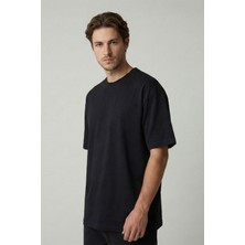 Allunique Erkek Pamuklu Bisiklet Yaka Kalın Kumaş Basic Siyah T-Shirt / Geniş Kesim