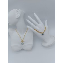 Lagül Aksesuar Xupıng 14K Altın Kaplama Zirkon Taşlı Nazar Boncuklu Kalp Detaylı Şık Kolye Bileklik Set