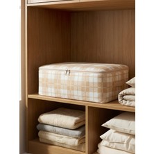 Nacarev Büyük Boy Kare Desenli Ekose Bej Baza Altı Düzenleyici Yastık Yorgan Kıyafet Hurcu 60X40X20 cm