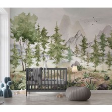 Lotus Aura Suluboya Orman Dağ Manzarası Çocuk Odası Duvar Kağıdı, Çam Ağacı Duvar Kağıdı, Bebek Odası Duvar Kağıdı