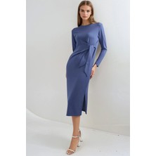 Hiccup Kadın Modal Dokulu Yırtmaçlı Elbise Berşan Collection Peygamber Çiçeği Mavisi