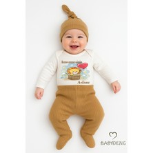 Babyden's Anneannesinin Aslanı Yazılı 3’lü Bebek Takımı Uzun Kol Çıtçıtlı Zıbın, Ribana Patikli Pantolon,şapka