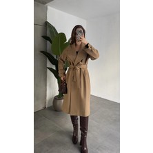 Asfa Moda Sütlü Kahverengi Kruvaze Oversize Premium Kalite Kuşaklı Tam Boy Uzun Kaşe Mont