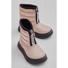 Tonny Black Çocuk Unisex Bej Esnek Termo Taban Sıcak Astarlı Önü Yazılı Fermuarlı Kar Botu