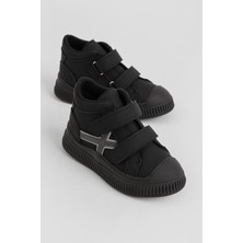 Tonny Black Çocuk Unisex Siyah Esnek Termo Taban Çift Cırtlı Şerit Desenli Spor Kısa Bot