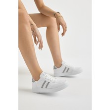 Tonny Black Unisex Beyaz Gri Kalın Faylon Hafif Taban Şeritli Bağcıklı Spor Ayakkabı