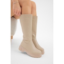 Tonny Black Kadın Bej Kalın Poli Taban Düz Desen Fermuarlı Diz Altı Çizme