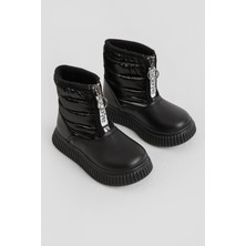 Tonny Black Çocuk Unisex Siyah Esnek Termo Taban Sıcak Astarlı Önü Yazılı Fermuarlı Kar Botu