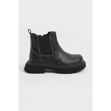 Tonny Black Çocuk Unisex Siyah Cilt Kalın Tırtıklı Termo Taban Fermuarlı Lastikli Chelsea Bot