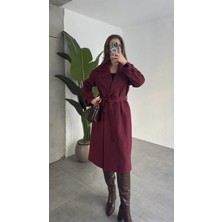 Asfa Moda Bordo Kruvaze Oversize Premium Kalite Kuşaklı Tam Boy Uzun Kaşe Mont
