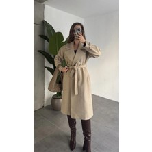 Asfa Moda Krem Kruvaze Oversize Premium Kalite Kuşaklı Tam Boy Uzun Kaşe Mont