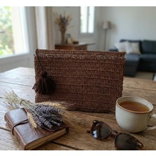 My Balli Store Kağıt Ipten El Örgüsü Clutch Kahverengi Püskül Detaylı Astarlı Çanta