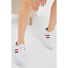 Tonny Black Unisex Beyaz Kırmızı Kalın Faylon Hafif Taban Şeritli Bağcıklı Spor Ayakkabı