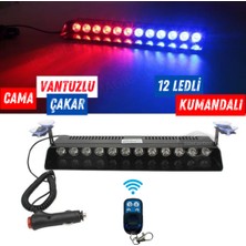 Caralp S12 Kumandalı Cam Içi Vantuzlu Polis Çakar Lamba Ikaz Lambası 12 Ledli 14 Farklı Mod Kablosuz Kırmızı Mavi Çakmaklık Girişli