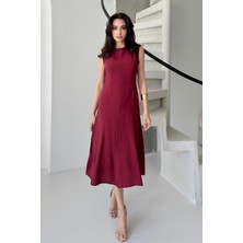 Serica Moda Bordo Bisiklet Yaka Midi Kolsuz Midi Elbise