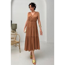 Serica Moda Kahve Kruvaze Fırfır Detaylı Kolsuz Midi Elbise