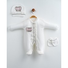 Eda Baby Taşlı Taç Nakışlı Lüks Dantel Detaylı 3'lü Hastane Çıkışı Seti