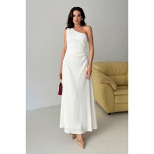 Serica Moda Ekru Tek Omuz Dantel Dokulu Pencere Detaylı Elbise