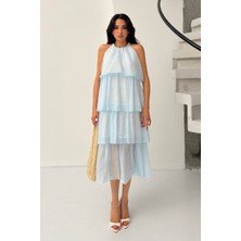 Serica Moda Mavi Fırfırlı Halter Yaka Şifon Midi Elbise