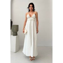 Serica Moda Beyaz Dantel Detaylı Halter Yaka  Elbise