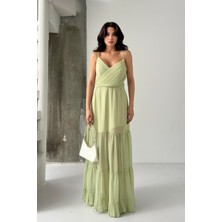Serica Moda Yeşil Askılı Sırt Detaylı Şifon Elbise