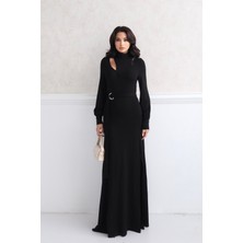 Serica Moda Siyah Kemer Detaylı Uzun Triko Elbise