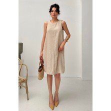 Serica Moda Bej Kolsuz Keten Elbise