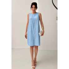 Serica Moda Mavi Kolsuz Keten Elbise