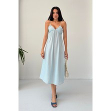 Serica Moda Bebe Mavi Ince Askılı Pliseli Midi Elbise