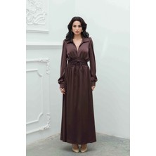 Serica Moda Kahve V Yaka Beli Bağlamalı Saten Elbise