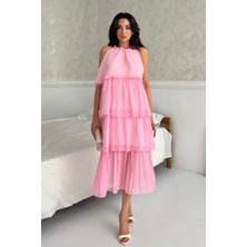 Serica Moda Pembe Fırfırlı Halter Yaka Şifon Midi Elbise
