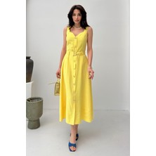 Serica Moda Sarı Askılı Kemer Detaylı Düğmeli Tensel Elbise
