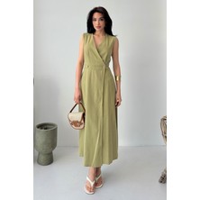 Serica Moda Yeşil Kruvaze Kesim Kolsuz Uzun Keten Elbise