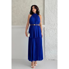 Serica Moda Saks Mavi Pileli Halter Yaka Kemerli Elbise