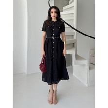 Serica Moda Siyah Taş Düğmeli Kemerli Midi Dantel Elbise