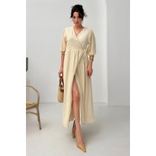 Serica Moda Bej Kruvaze Yaka Bağlama Detaylı Müslin Elbise