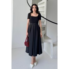 Serica Moda Siyah Dantel Detaylı Kare Yaka Midi Elbise Elbise