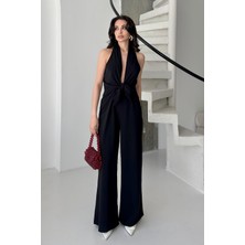 Serica Moda Siyah Derin V Yaka Bağlama Detaylı Tulum
