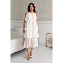 Serica Moda Ekru Fırfırlı Halter Yaka Şifon Midi Elbise