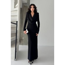 Serica Moda Siyah Degaje Yaka Uzun Kollu Uzun Elbise